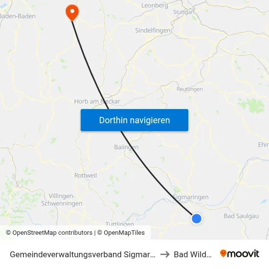 Gemeindeverwaltungsverband Sigmaringen to Bad Wildbad map