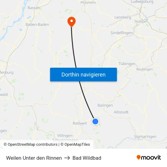 Weilen Unter den Rinnen to Bad Wildbad map
