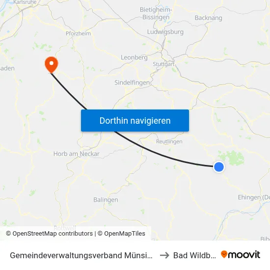 Gemeindeverwaltungsverband Münsingen to Bad Wildbad map