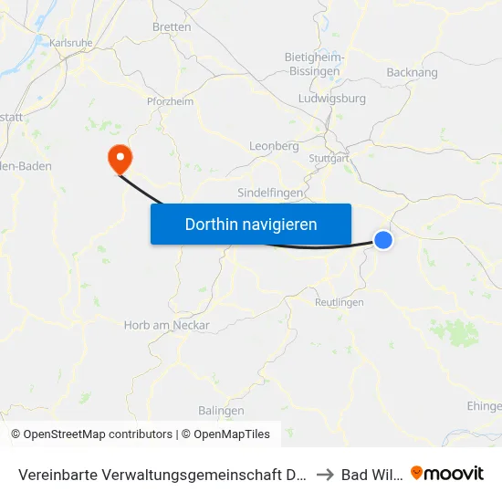 Vereinbarte Verwaltungsgemeinschaft Der Stadt Nürtingen to Bad Wildbad map