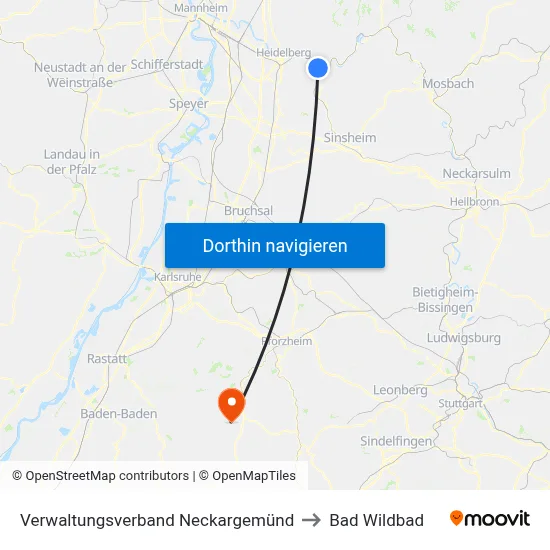 Verwaltungsverband Neckargemünd to Bad Wildbad map