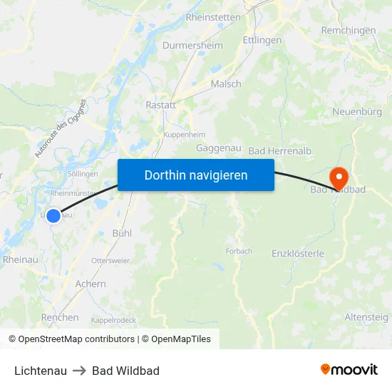 Lichtenau to Bad Wildbad map