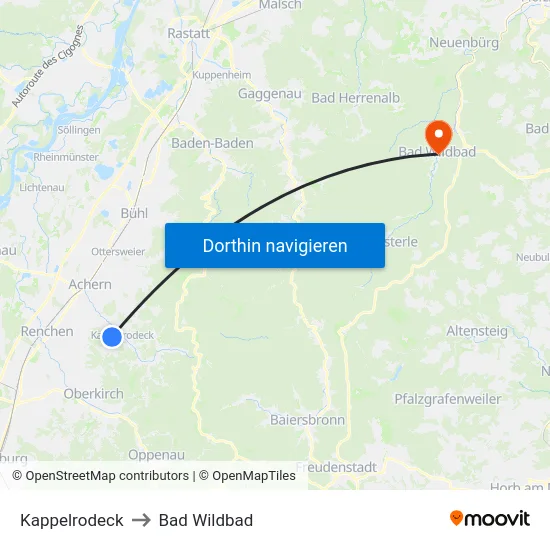 Kappelrodeck to Bad Wildbad map