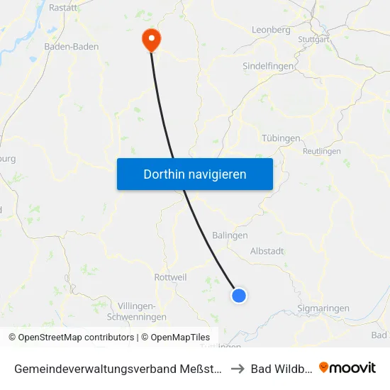 Gemeindeverwaltungsverband Meßstetten to Bad Wildbad map