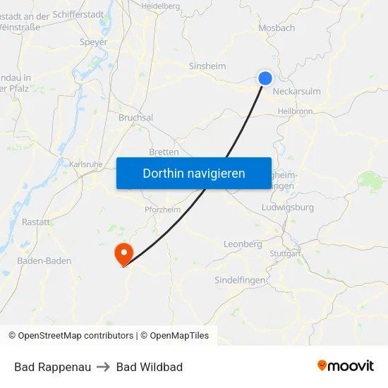 Bad Rappenau to Bad Wildbad map