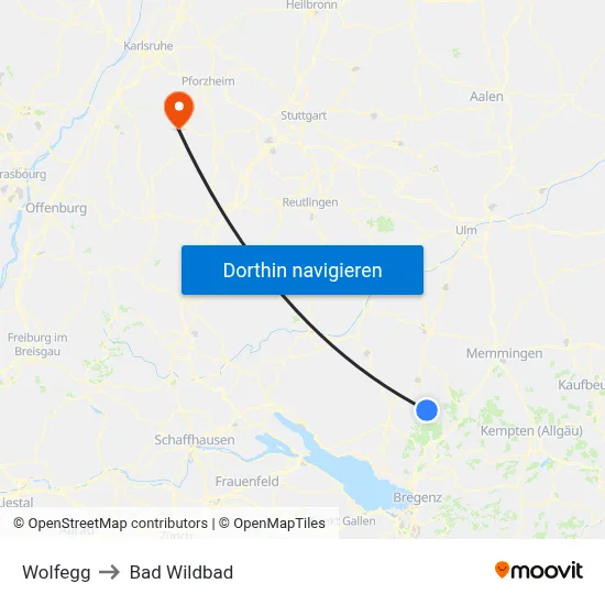 Wolfegg to Bad Wildbad map
