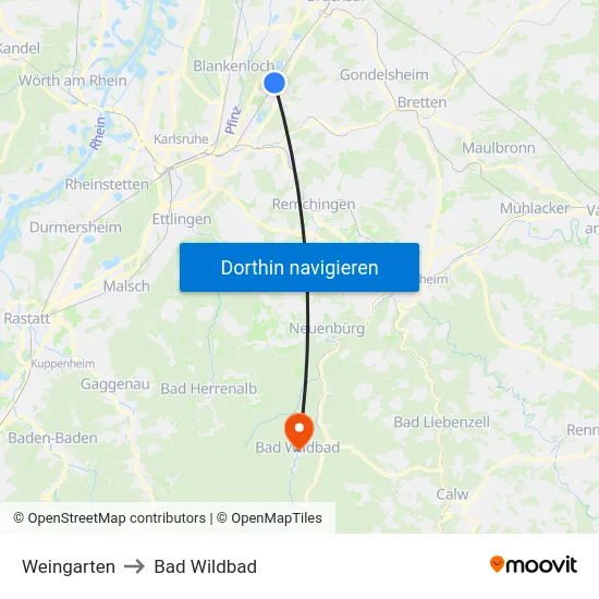 Weingarten to Bad Wildbad map