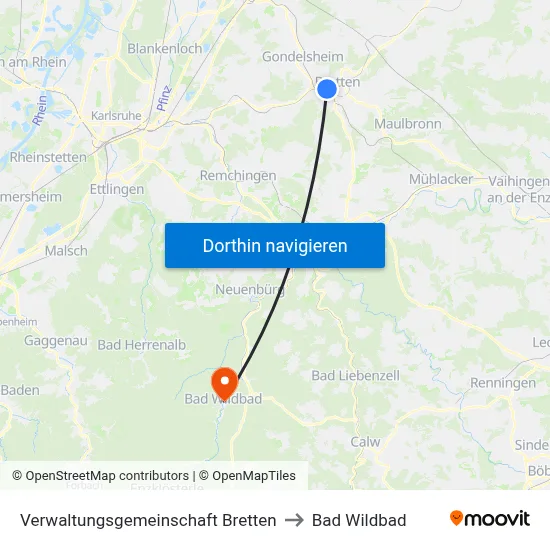Verwaltungsgemeinschaft Bretten to Bad Wildbad map