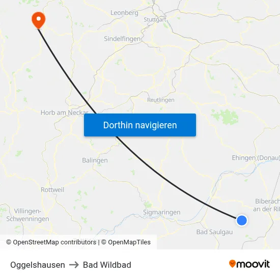Oggelshausen to Bad Wildbad map