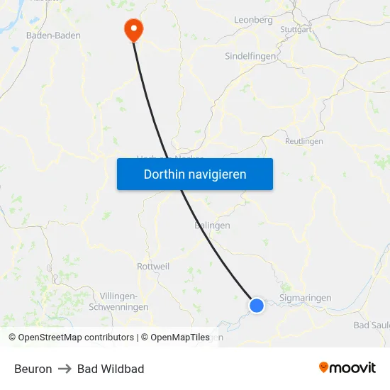 Beuron to Bad Wildbad map
