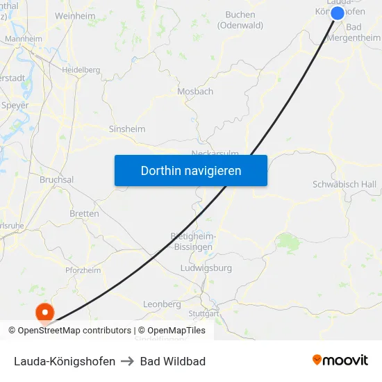 Lauda-Königshofen to Bad Wildbad map