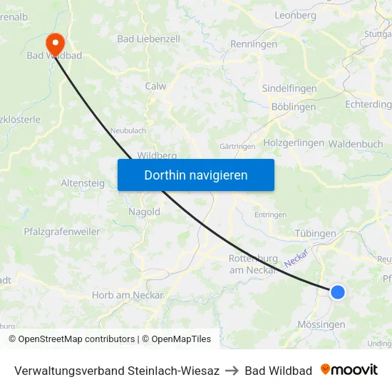 Verwaltungsverband Steinlach-Wiesaz to Bad Wildbad map