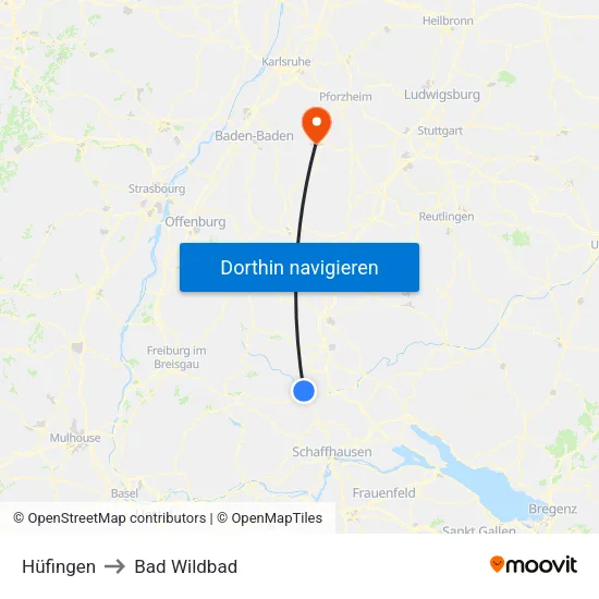 Hüfingen to Bad Wildbad map