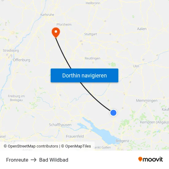Fronreute to Bad Wildbad map