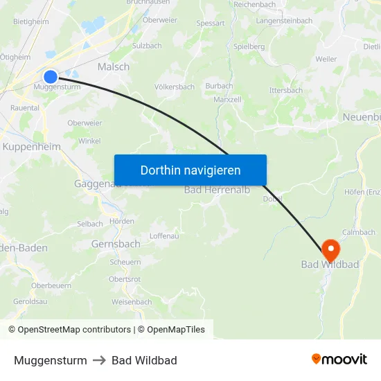 Muggensturm to Bad Wildbad map