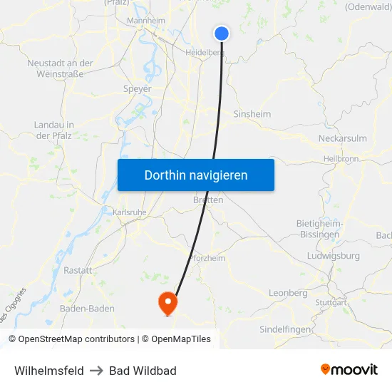 Wilhelmsfeld to Bad Wildbad map