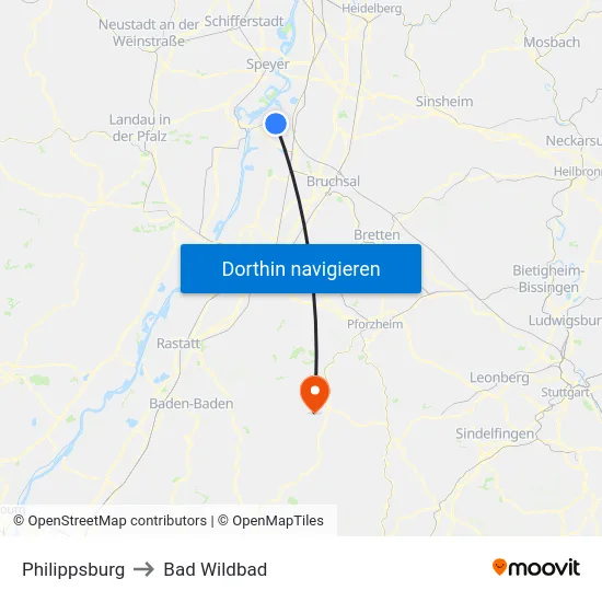 Philippsburg to Bad Wildbad map