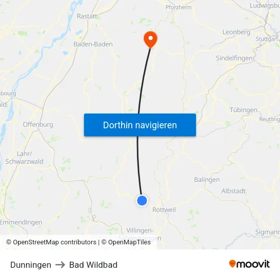 Dunningen to Bad Wildbad map