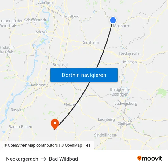 Neckargerach to Bad Wildbad map