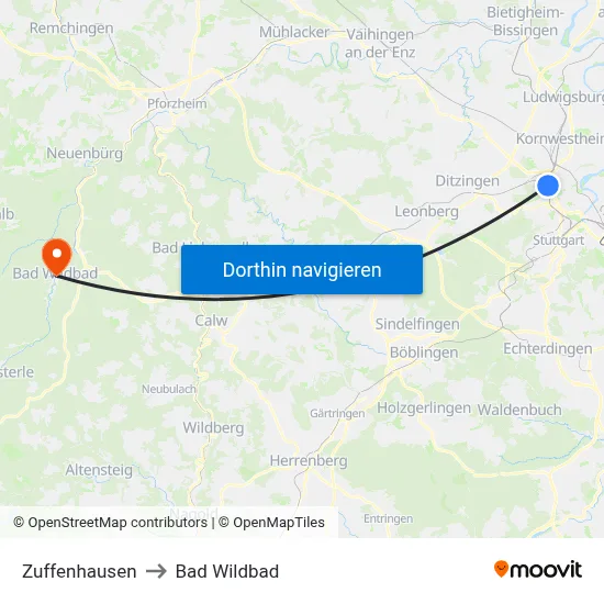 Zuffenhausen to Bad Wildbad map