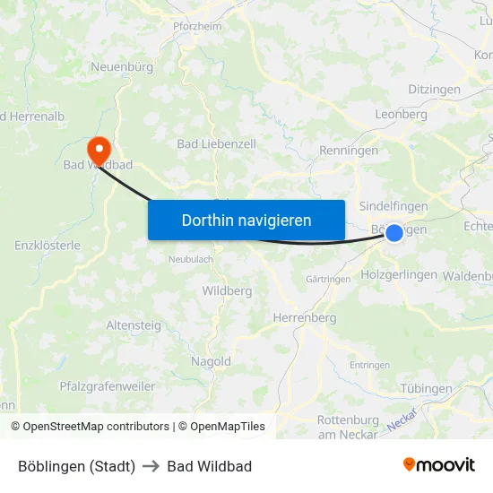 Böblingen (Stadt) to Bad Wildbad map