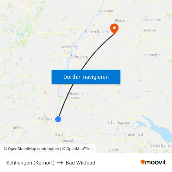 Schliengen (Kernort) to Bad Wildbad map