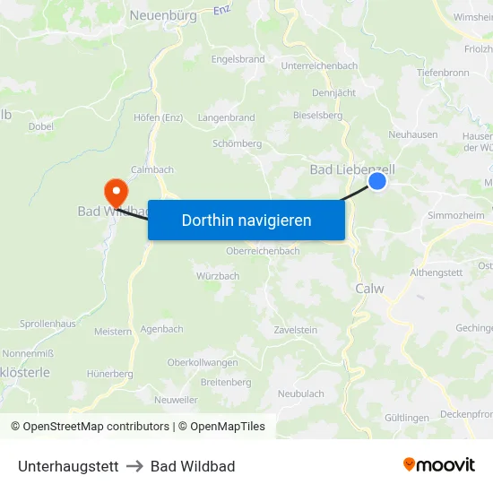 Unterhaugstett to Bad Wildbad map