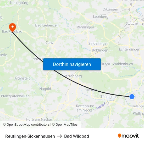 Reutlingen-Sickenhausen to Bad Wildbad map
