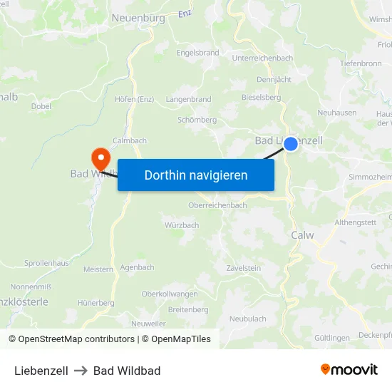 Liebenzell to Bad Wildbad map
