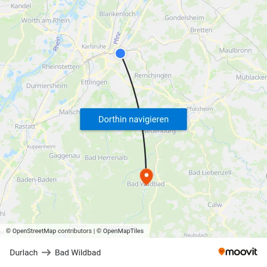 Durlach to Bad Wildbad map