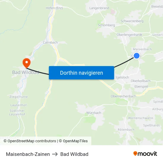 Maisenbach-Zainen to Bad Wildbad map