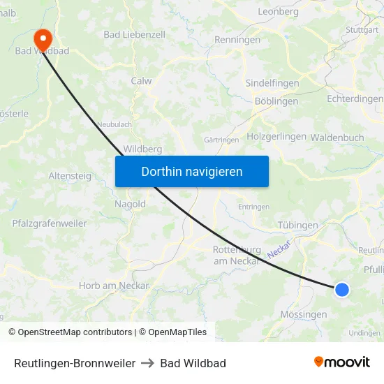 Reutlingen-Bronnweiler to Bad Wildbad map