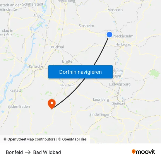 Bonfeld to Bad Wildbad map
