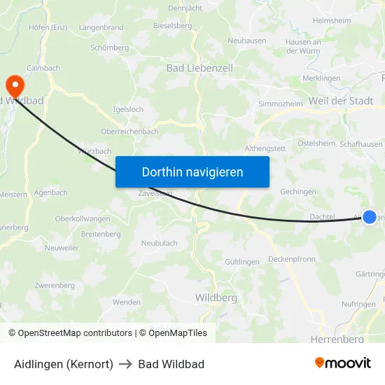 Aidlingen (Kernort) to Bad Wildbad map