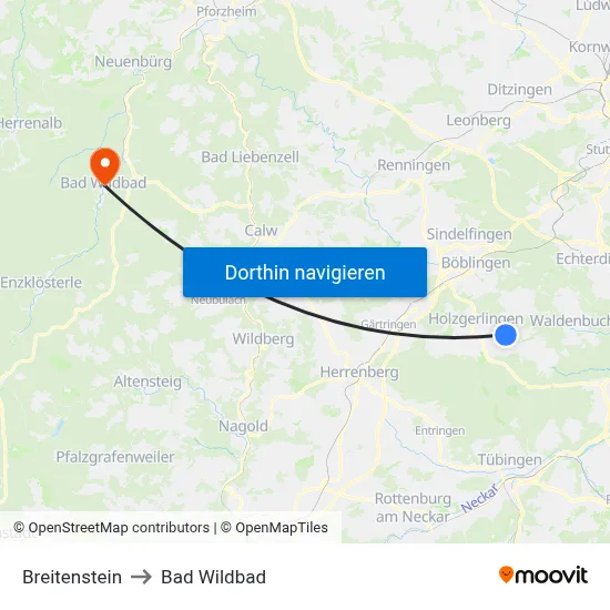 Breitenstein to Bad Wildbad map