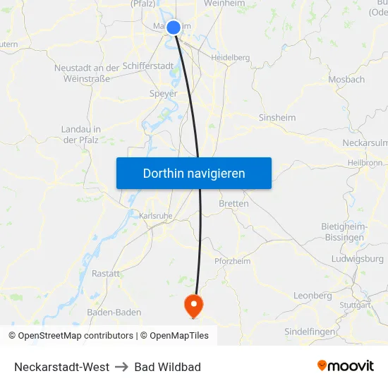 Neckarstadt-West to Bad Wildbad map
