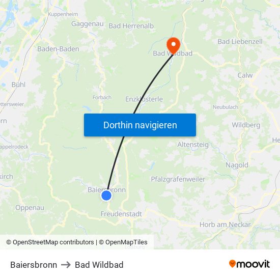 Baiersbronn to Bad Wildbad map