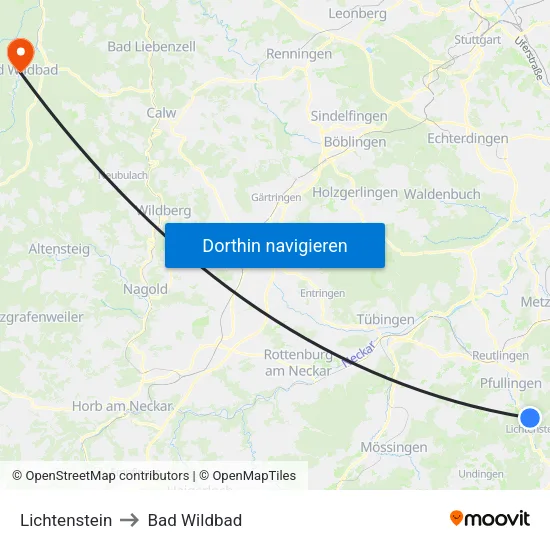 Lichtenstein to Bad Wildbad map