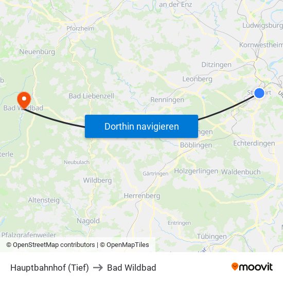 Hauptbahnhof (Tief) to Bad Wildbad map