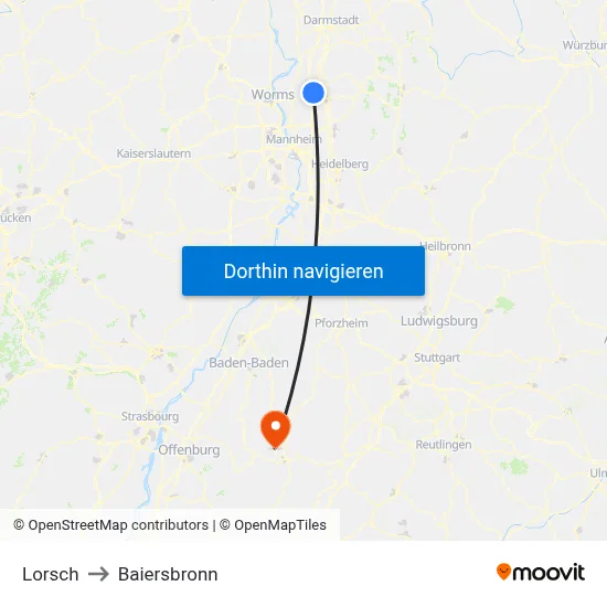 Lorsch to Baiersbronn map