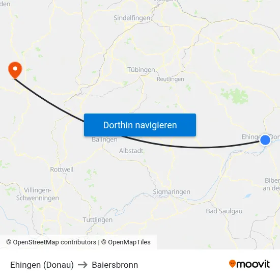 Ehingen (Donau) to Baiersbronn map