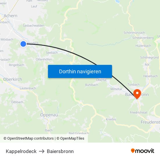 Kappelrodeck to Baiersbronn map