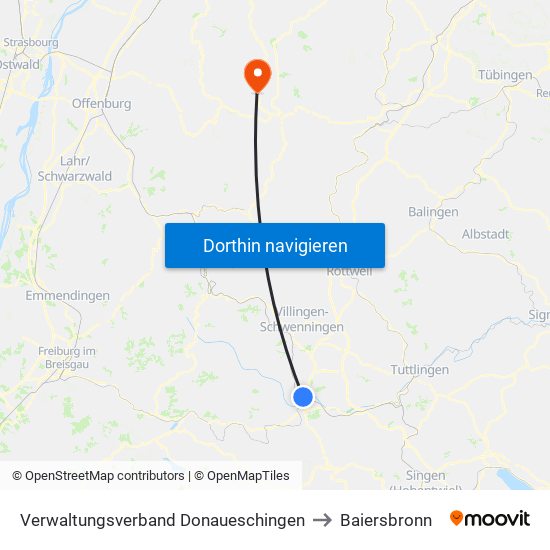 Verwaltungsverband Donaueschingen to Baiersbronn map