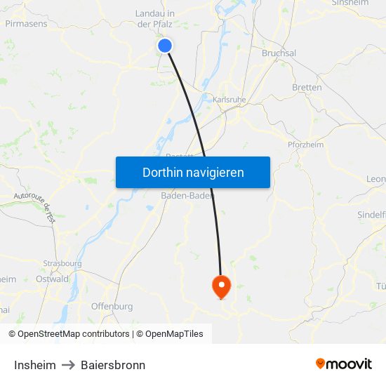 Insheim to Baiersbronn map
