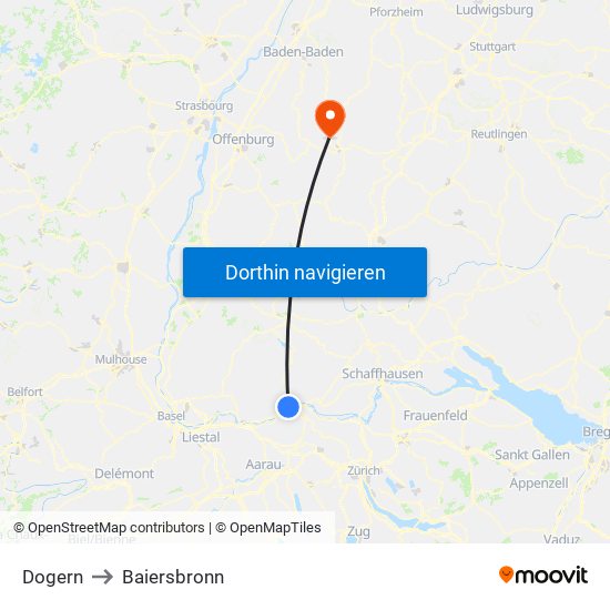 Dogern to Baiersbronn map
