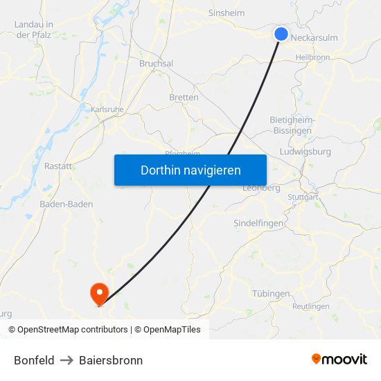 Bonfeld to Baiersbronn map