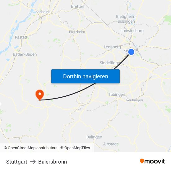 Stuttgart to Baiersbronn map