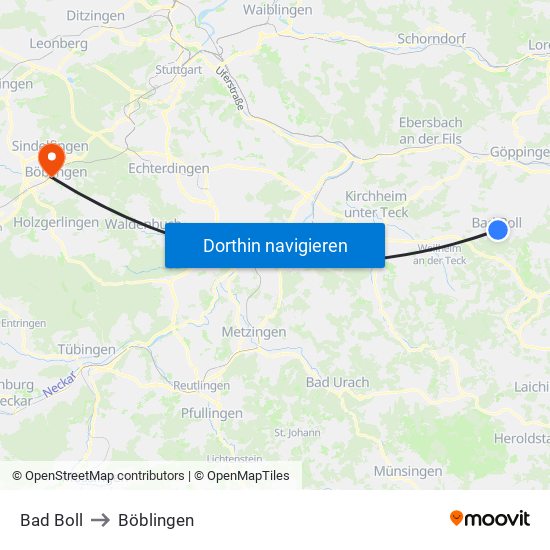 Bad Boll to Böblingen map