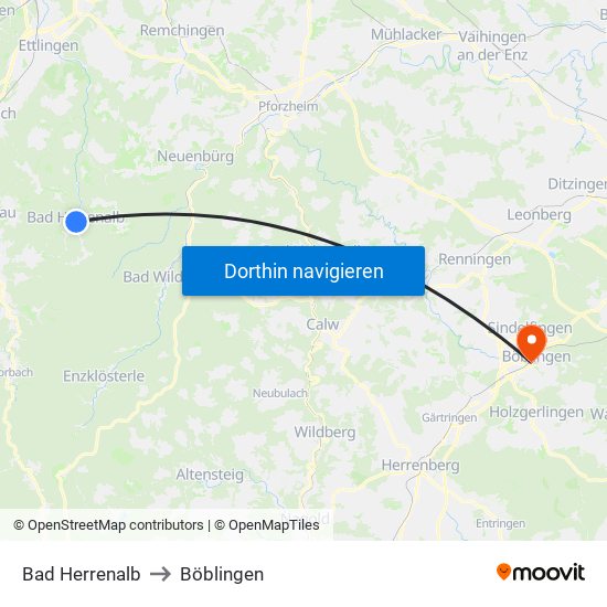Bad Herrenalb to Böblingen map