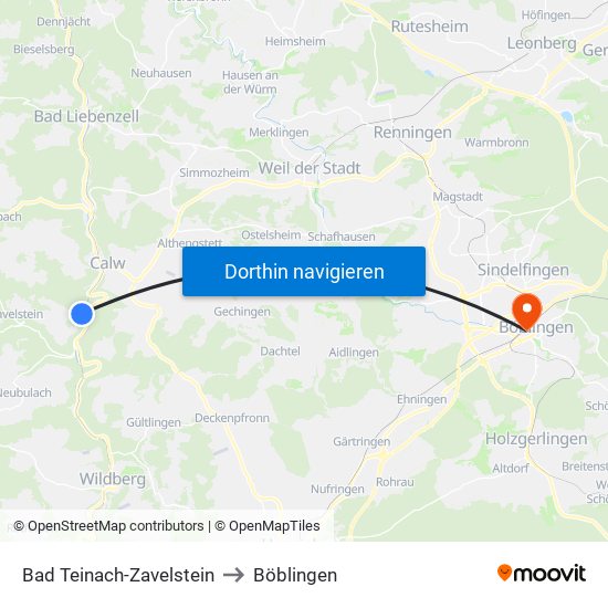 Bad Teinach-Zavelstein to Böblingen map